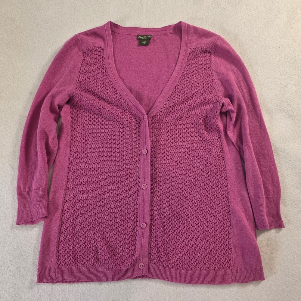 Eddie Bauer Purple Linen Cotton Pointelle Knit Button Front Cardigan Sweater M